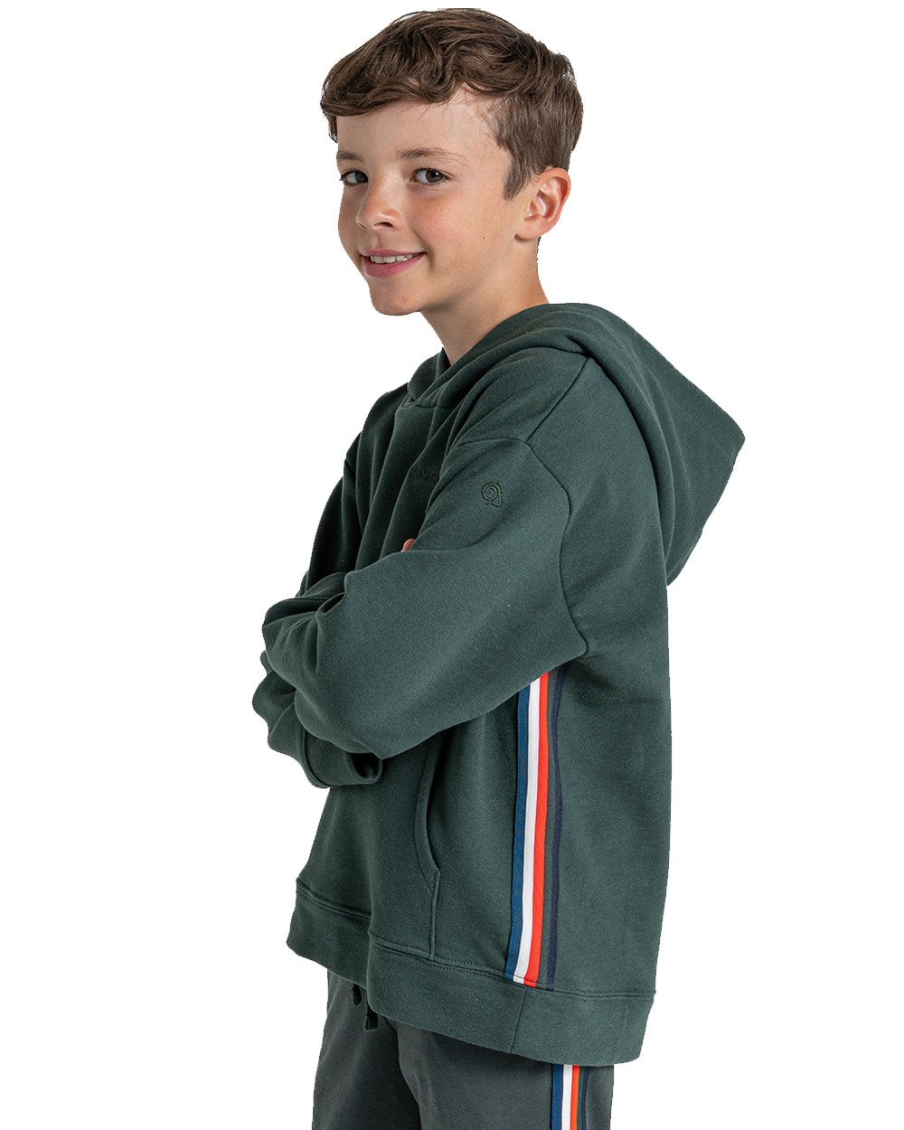 Spruce Green Coloured Craghoppers Childrens NosiLife Baylor Hooded Top On A White Background 