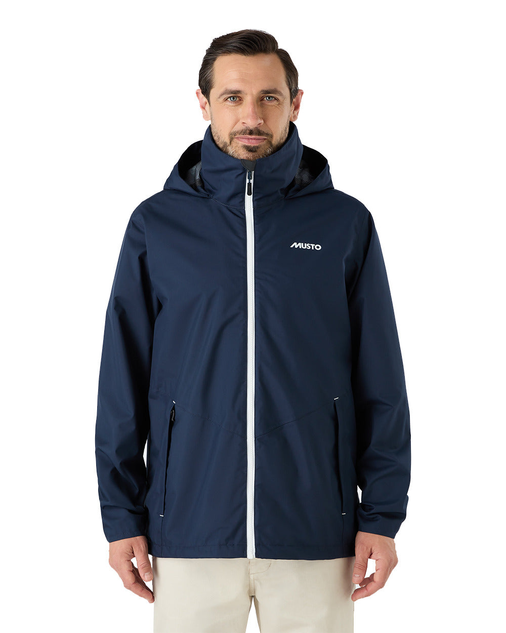 Navy Coloured Musto Mens Nautic Rain Jacket On A White Background 