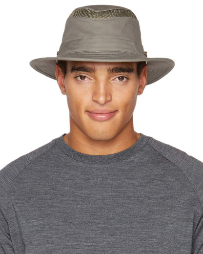 Olive Coloured Tilley Airflo Organic T5MO Cotton Hat on white background 