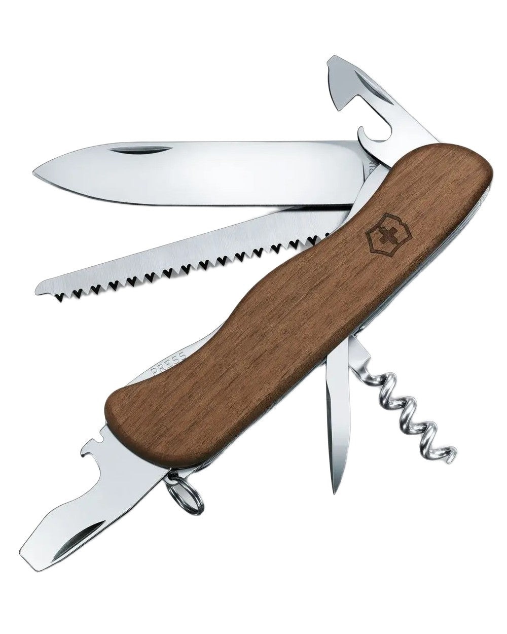 Walnut Wood Coloured Victorinox Forester Wood Swiss Army Pocket Knife on white background 