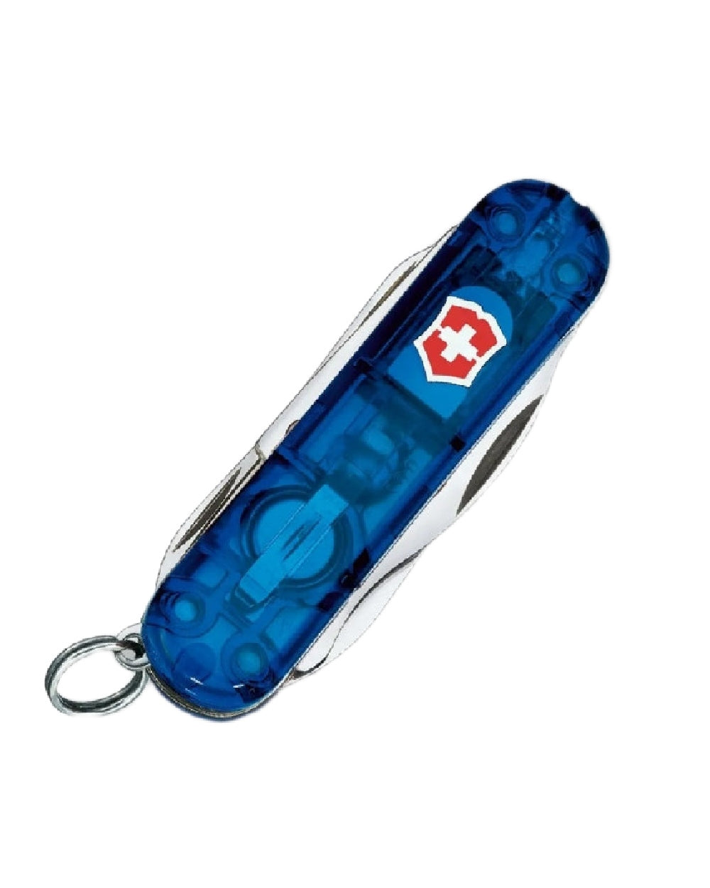 Transparent Blue Coloured Victorinox Midnite Manager Swiss Army Medium Pocket Knife with LED Light on white background 