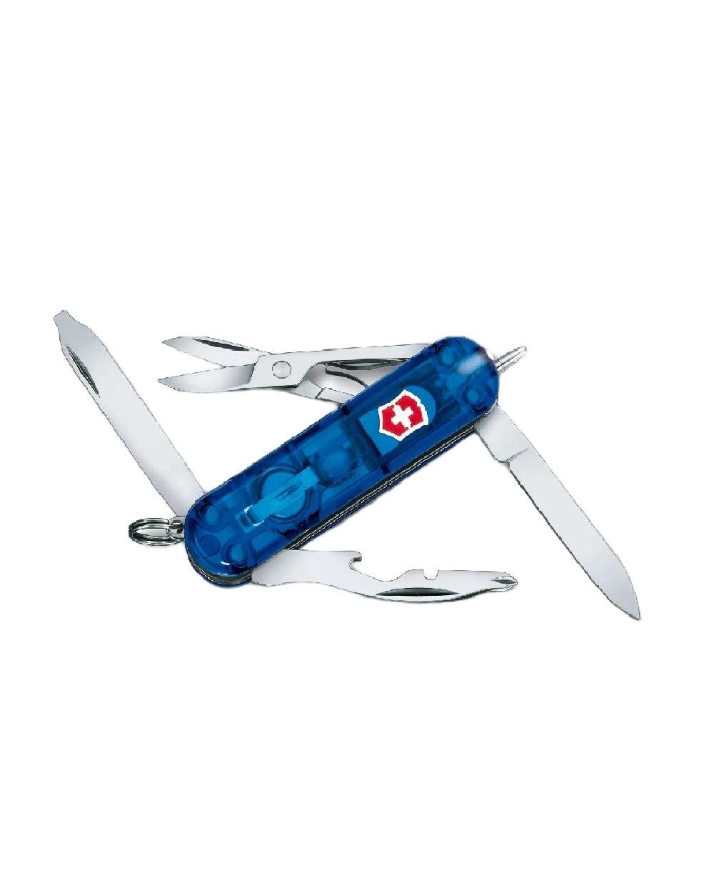 Transparent Blue Coloured Victorinox Midnite Manager Swiss Army Medium Pocket Knife with LED Light on white background 