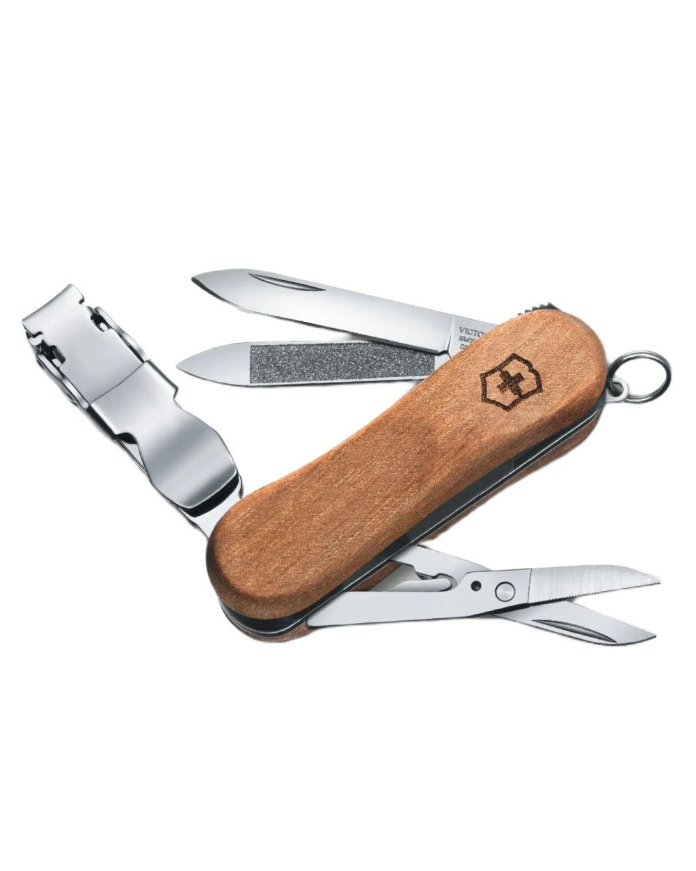 Walnut Wood Coloured Victorinox Nail Clip Wood 580 Swiss Army Pocket Knife on white background 