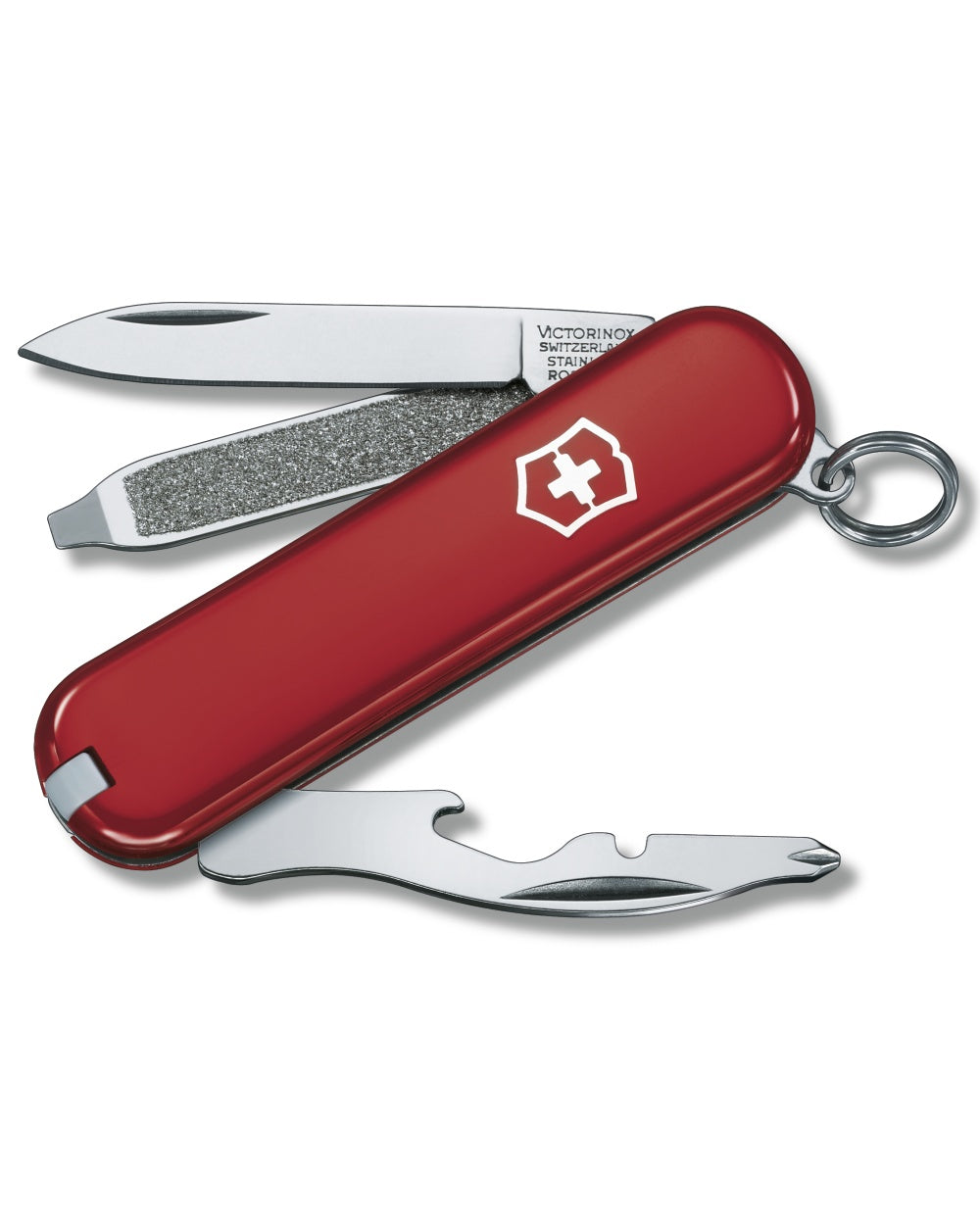 Red coloured Victorinox Rally Knife on white background 