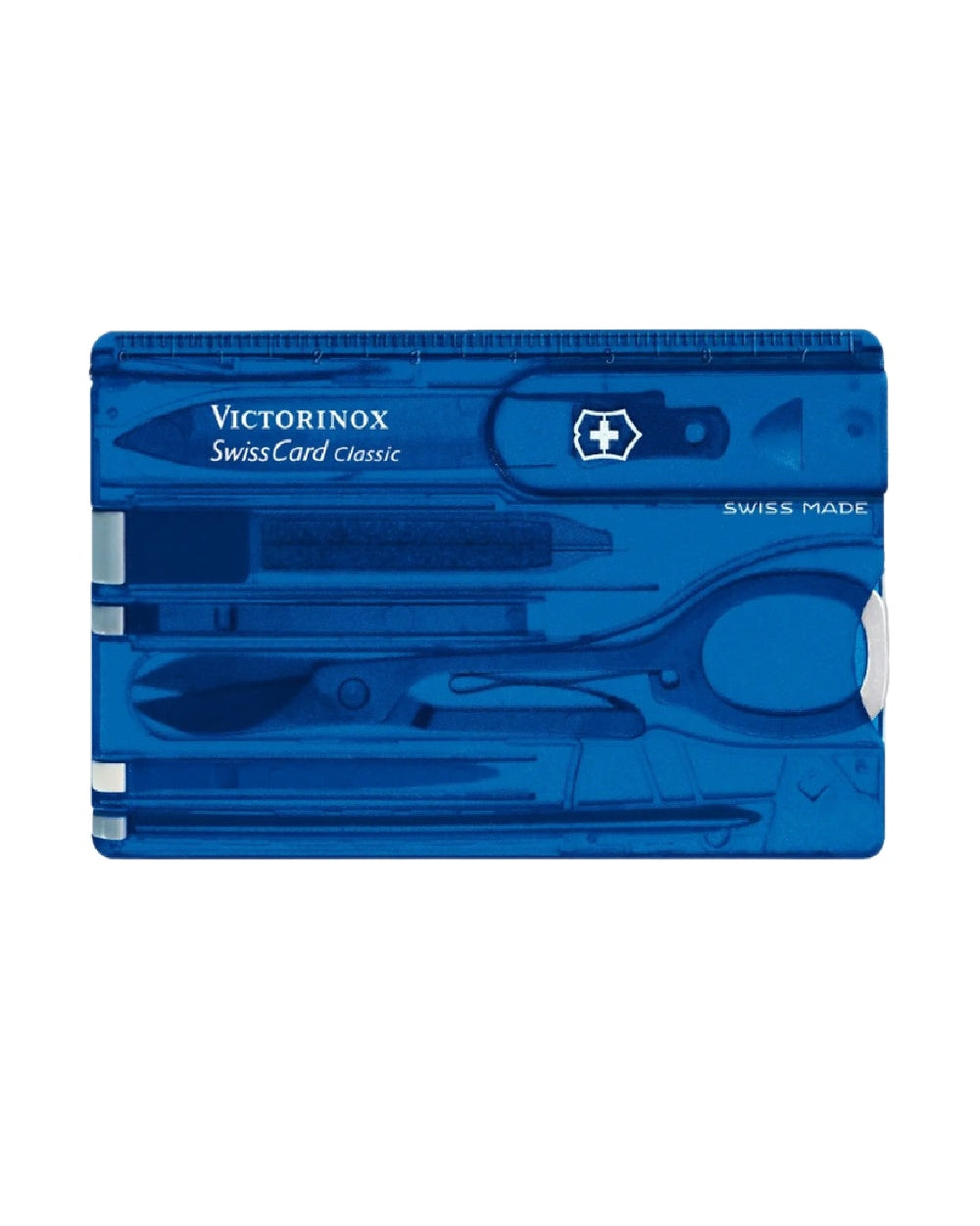Blue Transparent Coloured Victorinox Swiss Card Classic on white background 