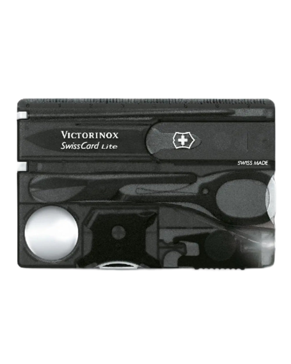 Black Transparent Coloured Victorinox Swiss Card Lite on white background 