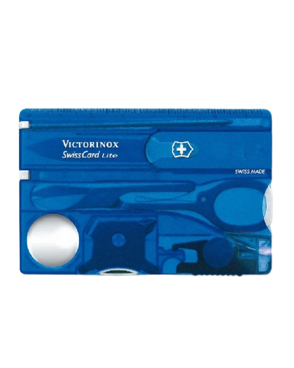 Blue Transparent Coloured Victorinox Swiss Card Lite on white background 