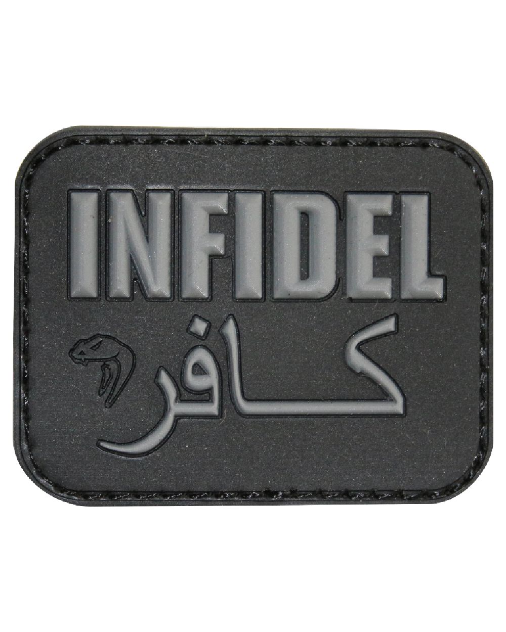 Black Coloured Viper Infidel Morale Rubber Patch on white background 