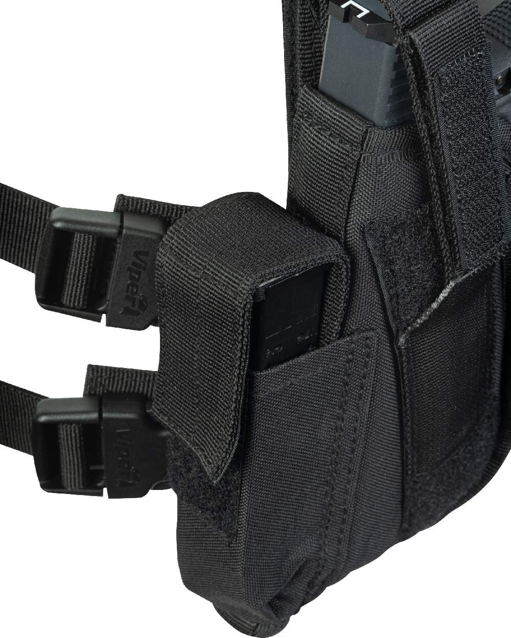 Black Coloured Viper Tactical Leg Holster Left Handed on white background 