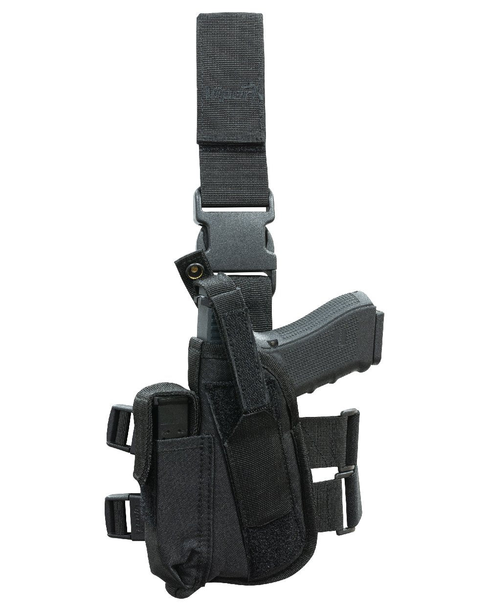 Black Coloured Viper Tactical Leg Holster Left Handed on white background 