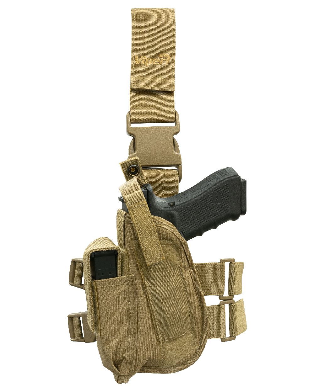 Coyote Coloured Viper Tactical Leg Holster Left Handed on white background 