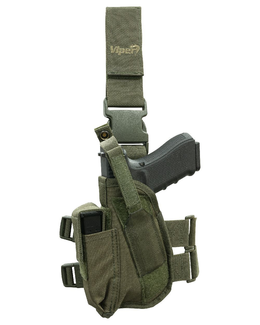 Green Coloured Viper Tactical Leg Holster Left Handed on white background 