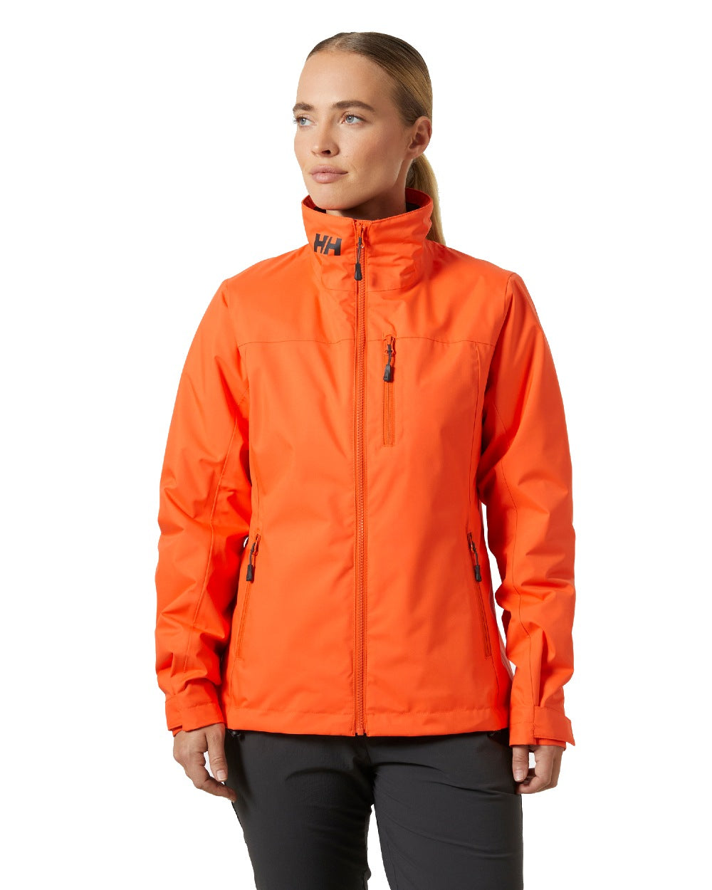 Flame coloured Helly Hansen Womens Crew Midlayer Sailing Jacket 2.0 on white background 