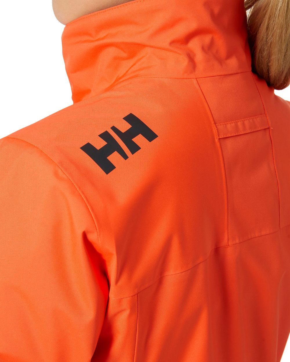 Flame coloured Helly Hansen Womens Crew Midlayer Sailing Jacket 2.0 on white background 