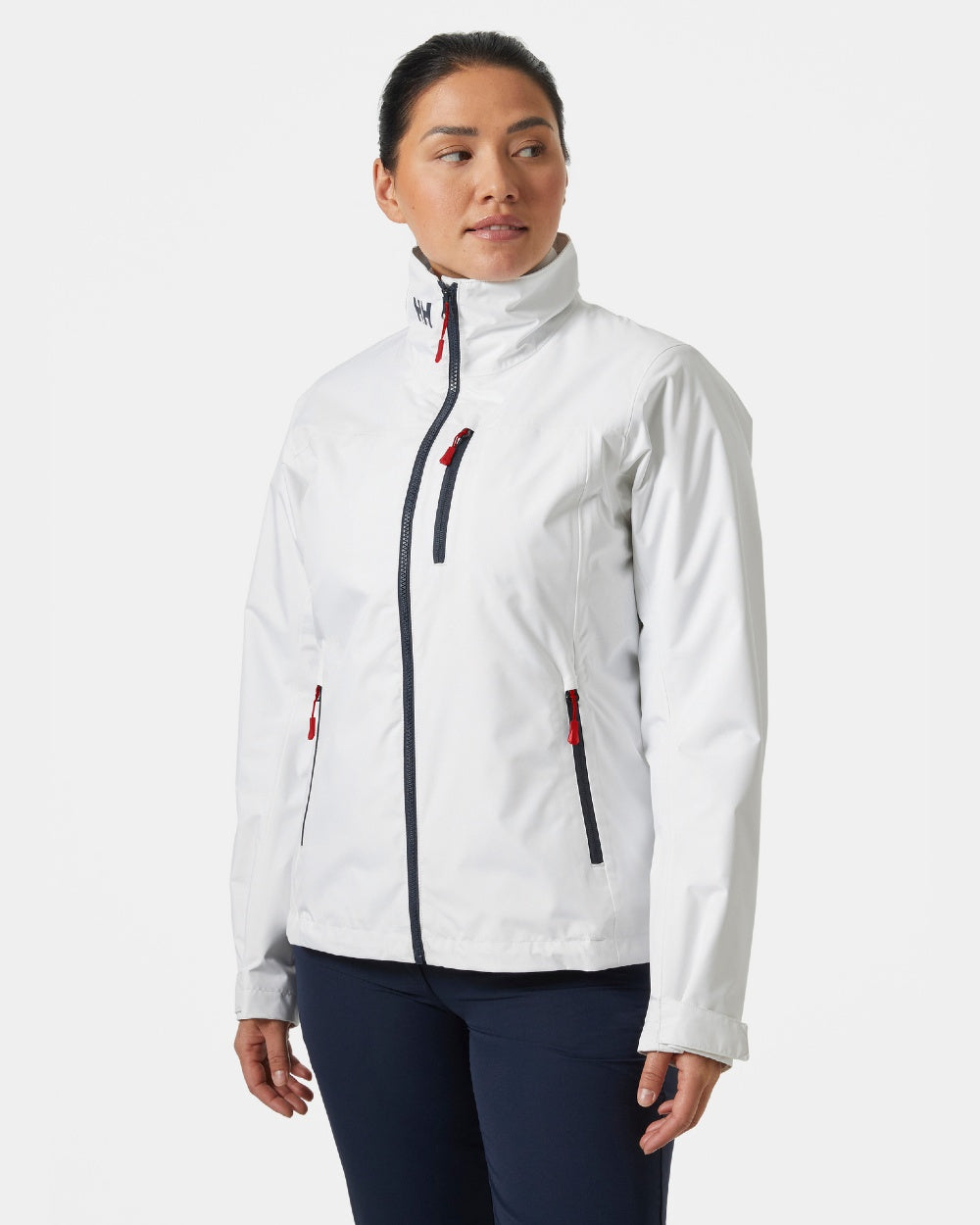 White coloured Helly Hansen Womens Crew Midlayer Sailing Jacket 2.0 on grey background 