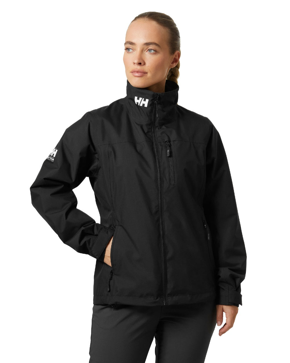 Black coloured Helly Hansen Womens Crew Midlayer Sailing Jacket 2.0 on white background 