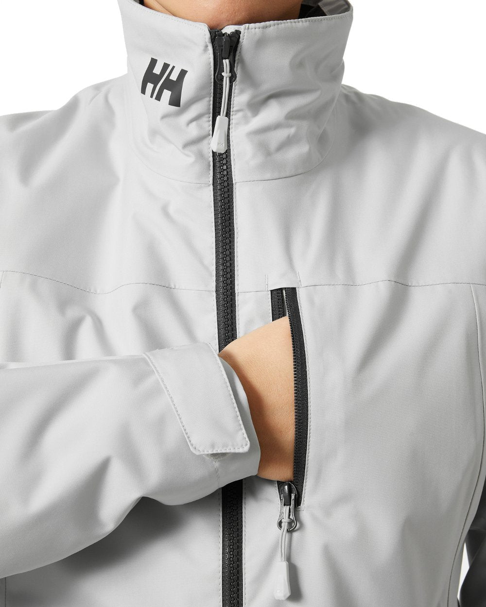 Grey Fog coloured Helly Hansen Womens Crew Midlayer Sailing Jacket 2.0 on white background 