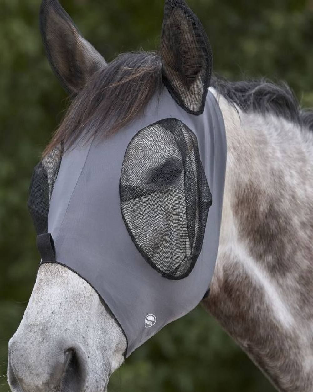 Grey Black coloured WeatherBeeta Deluxe Stretch Bug Eye Saver with Ears on blurry background 