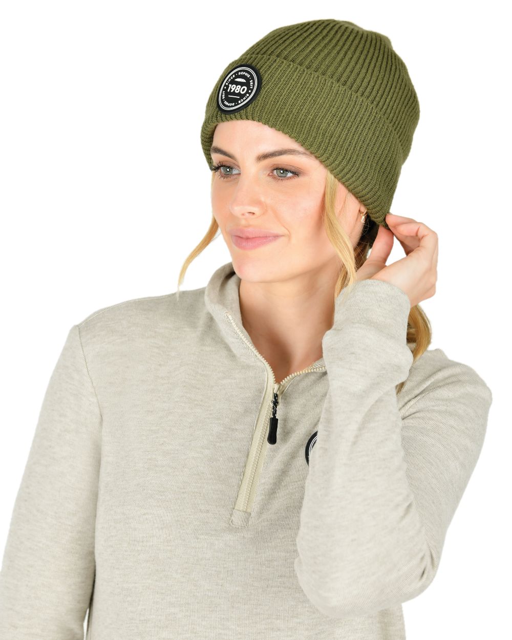 Olive Night coloured WeatherBeeta Fleece Lined Beanie on white background 