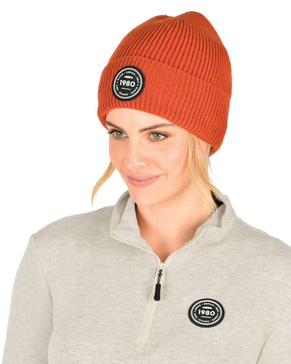 Redwood coloured WeatherBeeta Fleece Lined Beanie on white background 