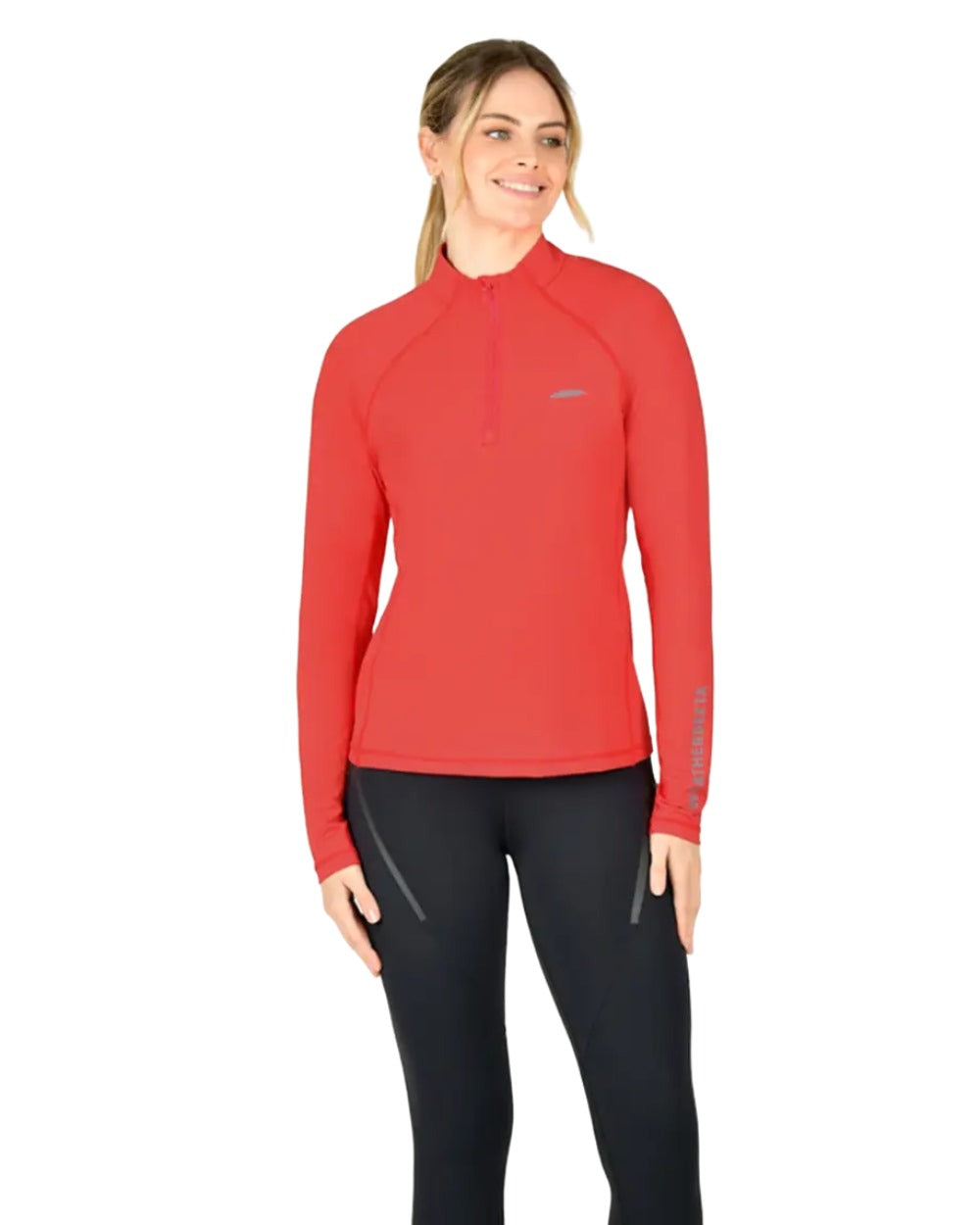 Bittersweet Red coloured WeatherBeeta Prime Long Sleeve Top on white background 