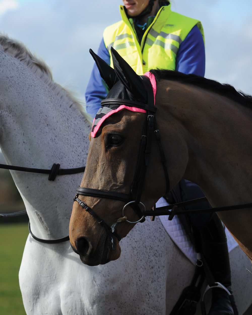 Pink coloured WeatherBeeta Reflective Ear Bonnet on field background 