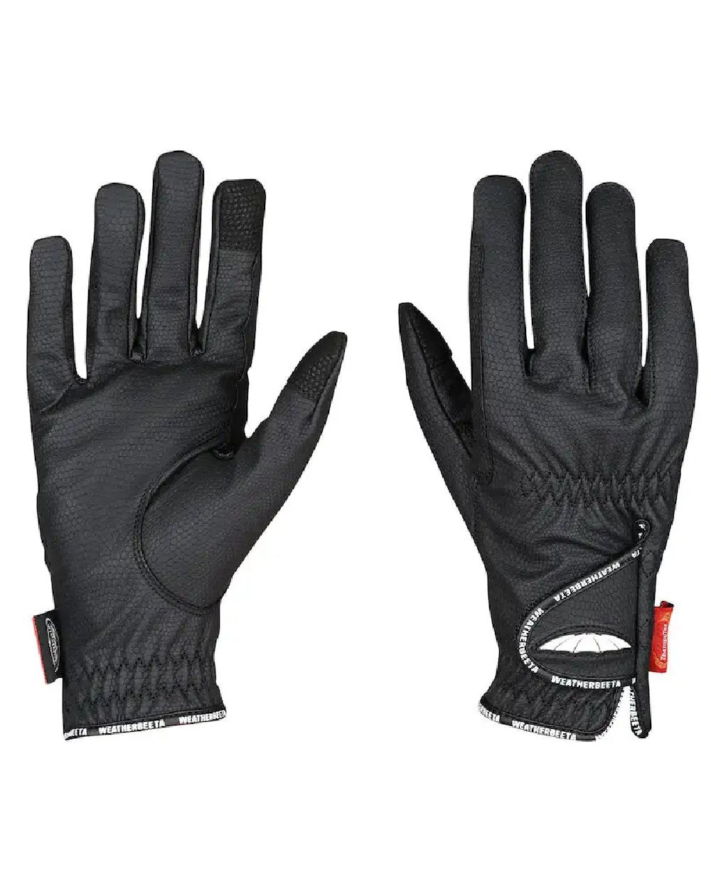 Black coloured WeatherBeeta Therapy-Tec Riding Gloves on white background 