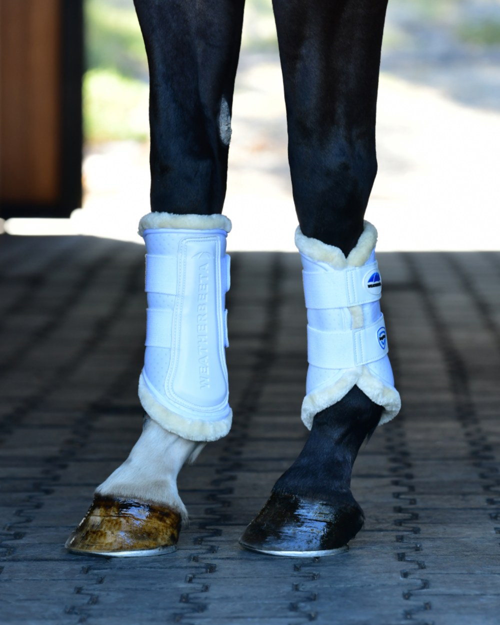 White Coloured WeatherBeeta Tough-Tec Comfy Fleece Brushing Boots on horse background 