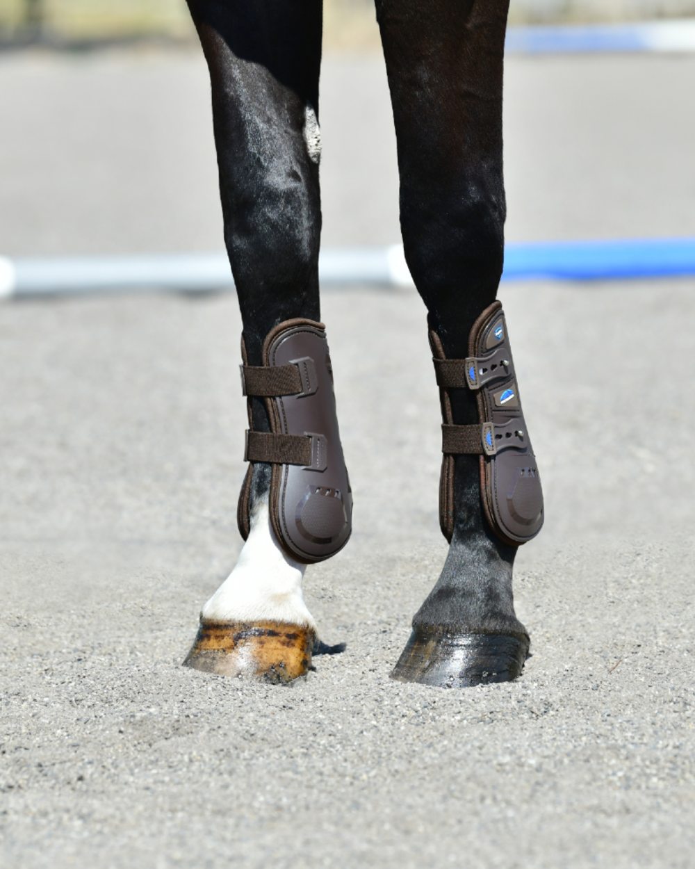 Brown Coloured WeatherBeeta Tough-Tec Essential Open Front Boots on horse background 