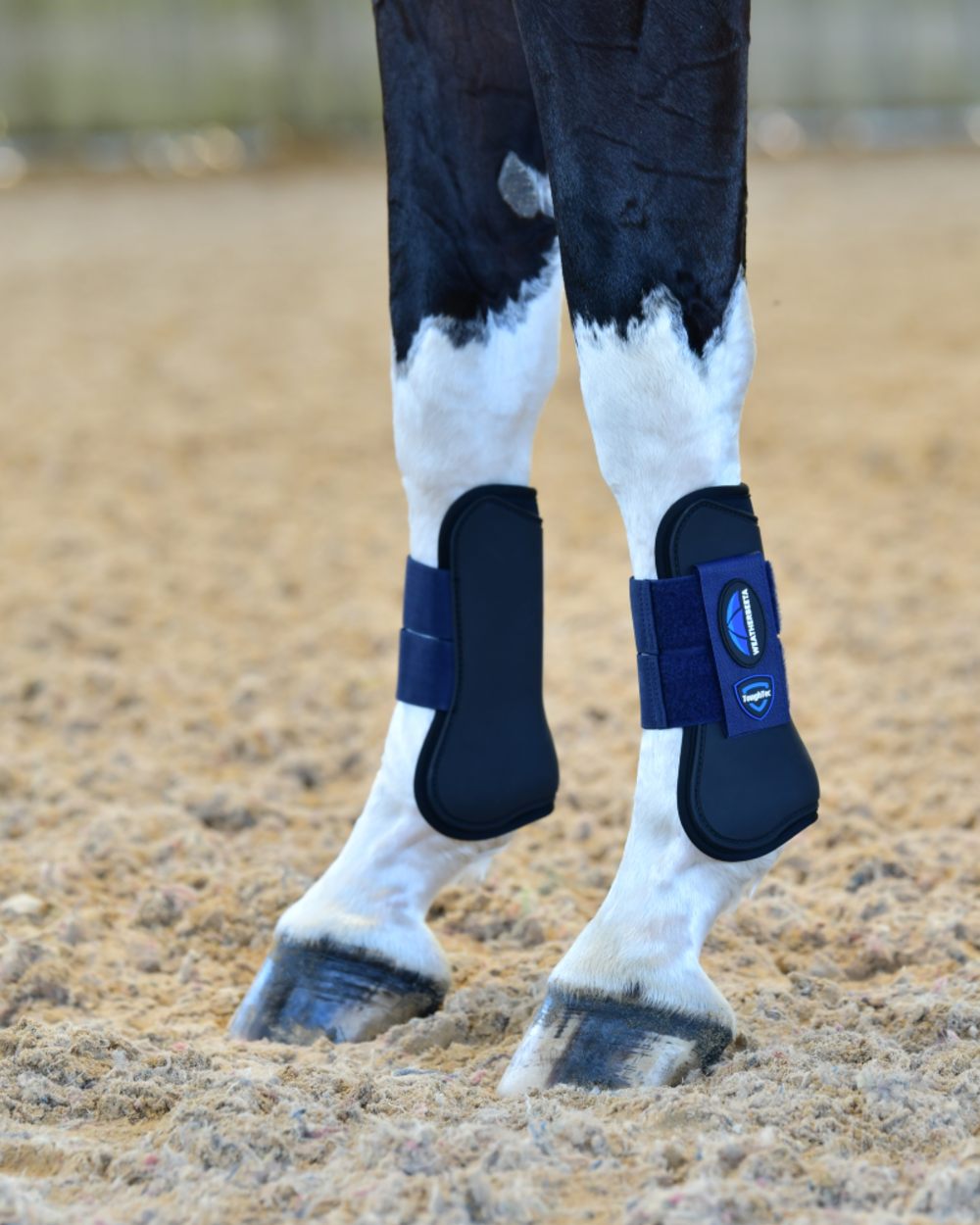 Black Navy Coloured WeatherBeeta Tough-Tec Prime Open Front Boots on horse background 