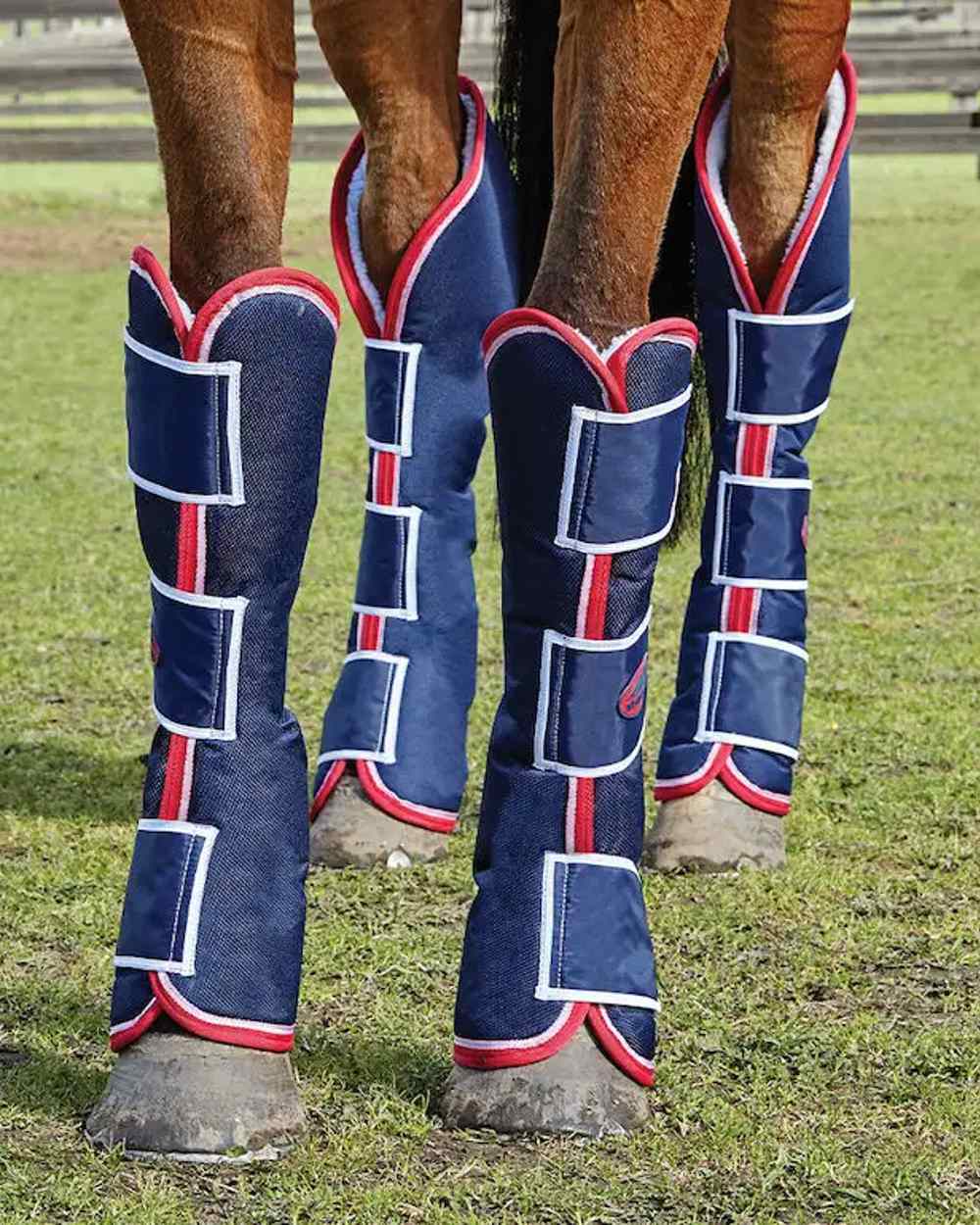 Navy Red White coloured WeatherBeeta Wide Tab Long Travel Boots on green background 