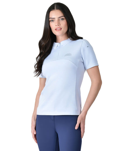 Mist Blue coloured WeatherBeeta Womens 37.5 Short Sleeve Performance Polo T-Shirt on white background 