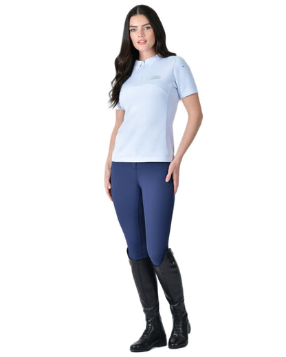 Mist Blue coloured WeatherBeeta Womens 37.5 Short Sleeve Performance Polo T-Shirt on white background 