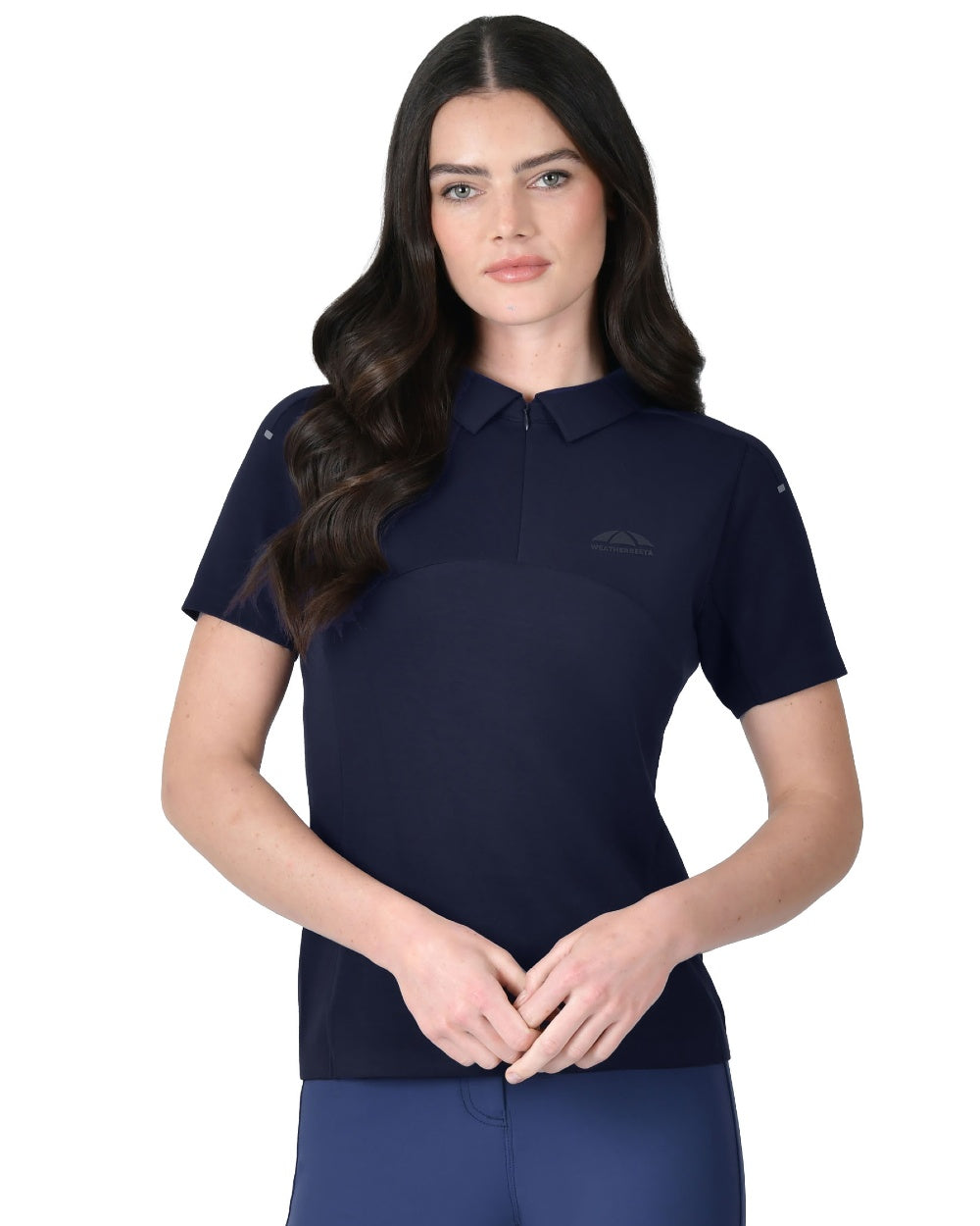 Navy coloured WeatherBeeta Womens 37.5 Short Sleeve Performance Polo T-Shirt on white background 