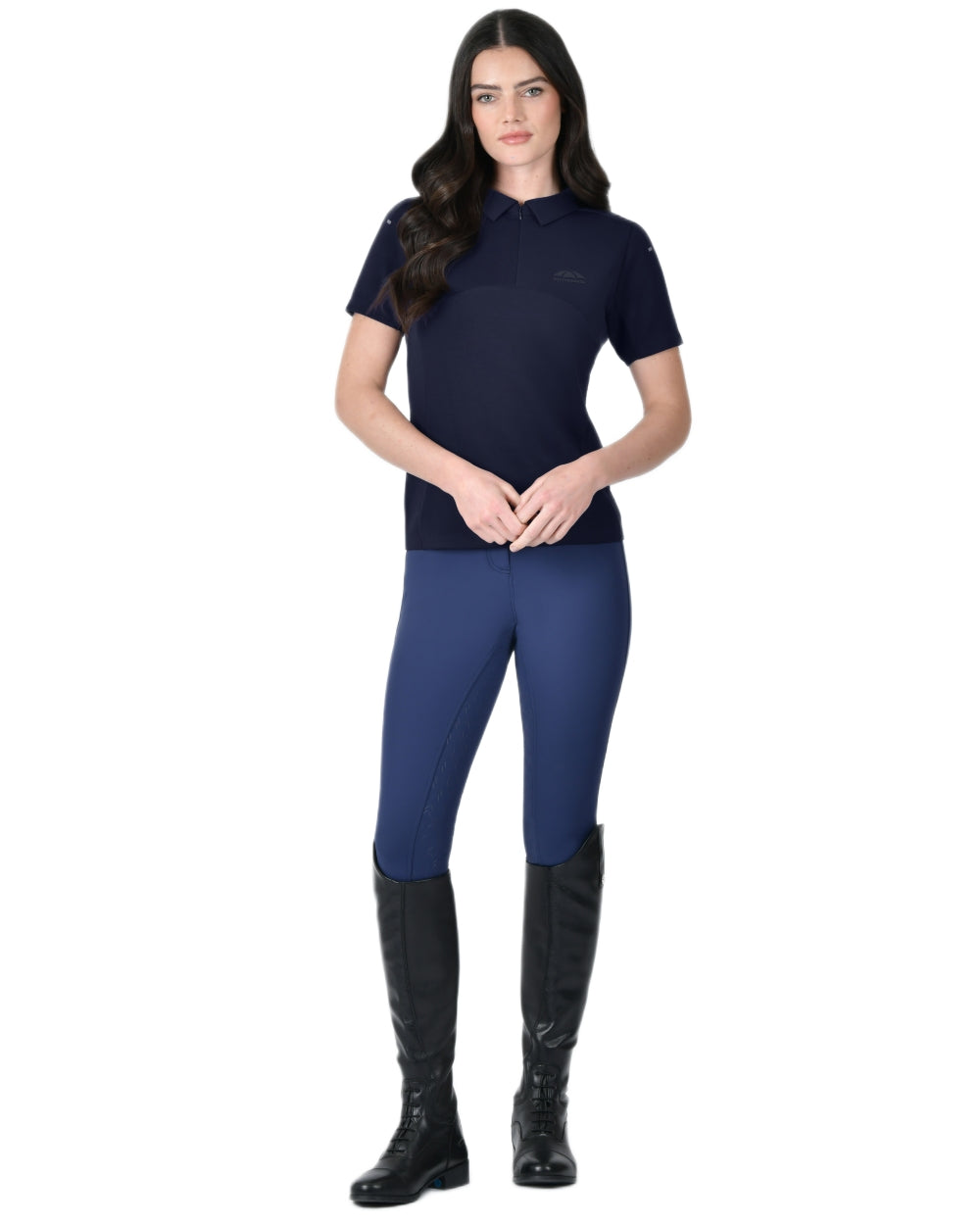 Navy coloured WeatherBeeta Womens 37.5 Short Sleeve Performance Polo T-Shirt on white background 
