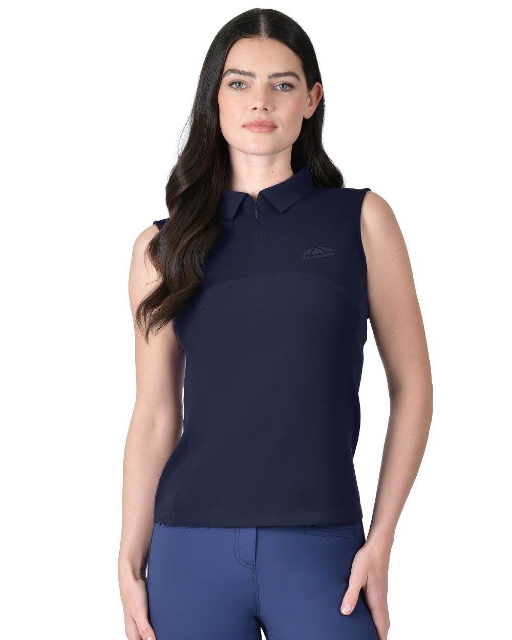Navy coloured WeatherBeeta Womens 37.5 Sleeveless Performance Polo T-Shirt on white background 