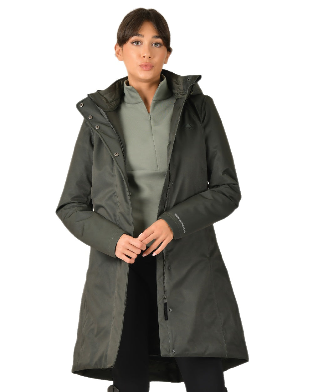 Midnight Green Coloured WeatherBeeta Womens All Purpose Waterproof Longline Equestrian Jacket on white background 