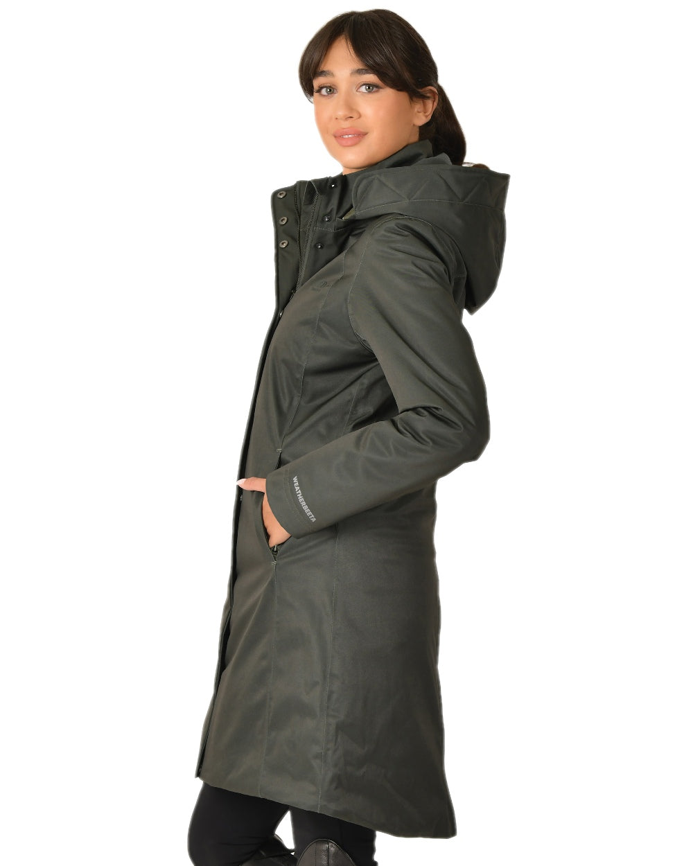 Midnight Green Coloured WeatherBeeta Womens All Purpose Waterproof Longline Equestrian Jacket on white background 