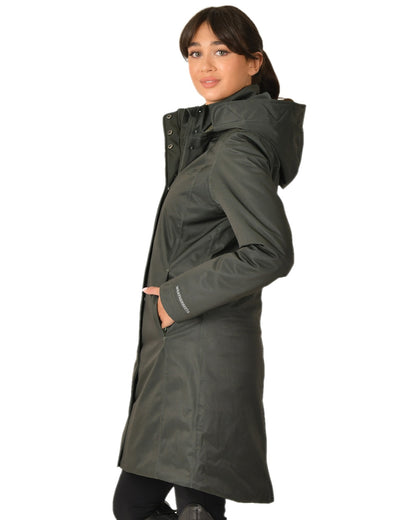 Midnight Green Coloured WeatherBeeta Womens All Purpose Waterproof Longline Equestrian Jacket on white background 