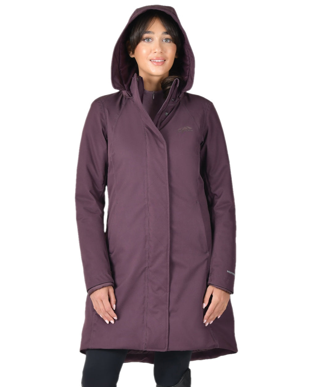 Mulberry Coloured WeatherBeeta Womens All Purpose Waterproof Longline Equestrian Jacket on white background 