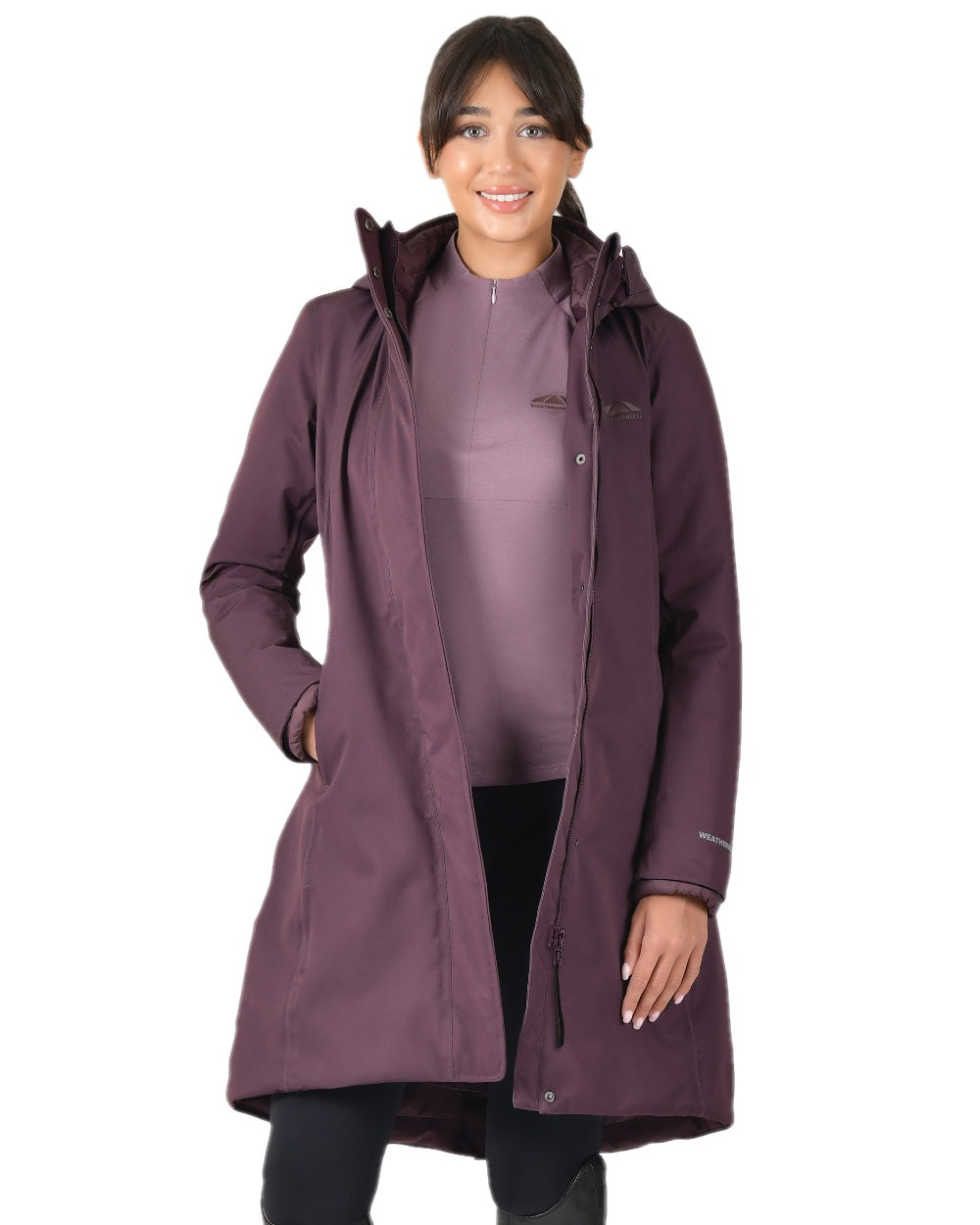 Mulberry Coloured WeatherBeeta Womens All Purpose Waterproof Longline Equestrian Jacket on white background 