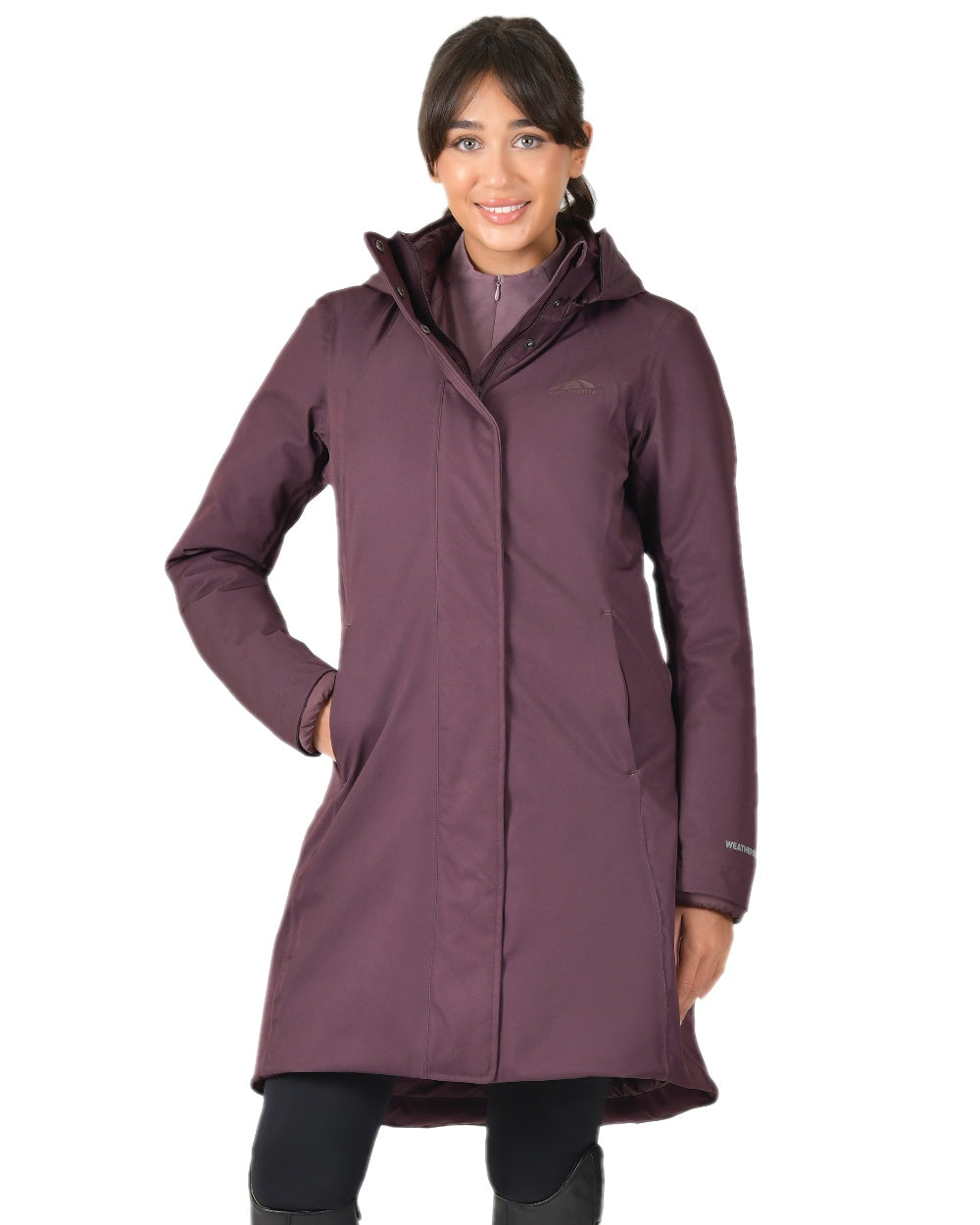 Mulberry Coloured WeatherBeeta Womens All Purpose Waterproof Longline Equestrian Jacket on white background 