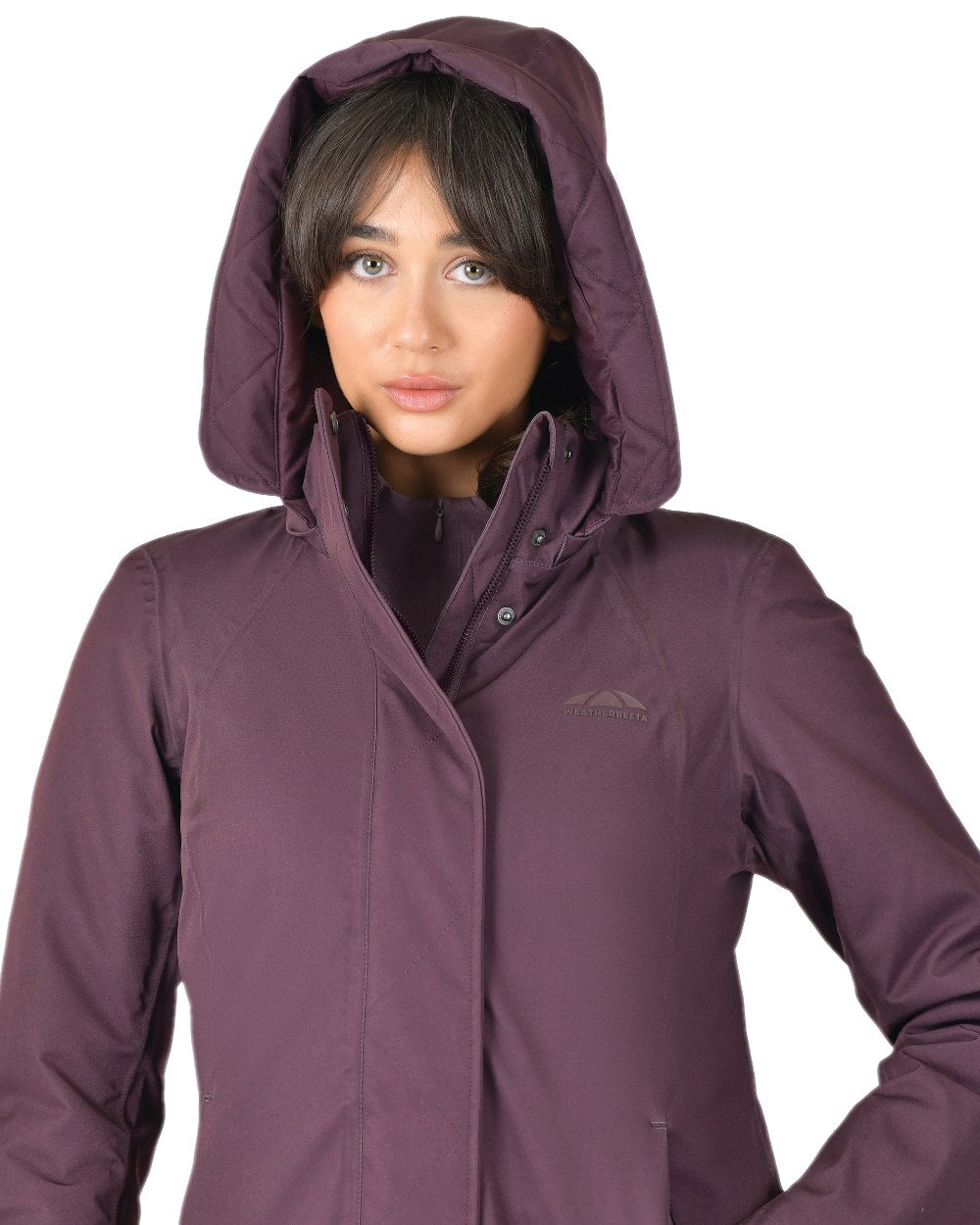 Mulberry Coloured WeatherBeeta Womens All Purpose Waterproof Longline Equestrian Jacket on white background 