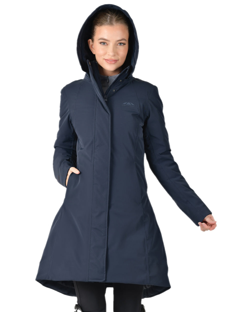 Navy Coloured WeatherBeeta Womens All Purpose Waterproof Longline Equestrian Jacket on white background 