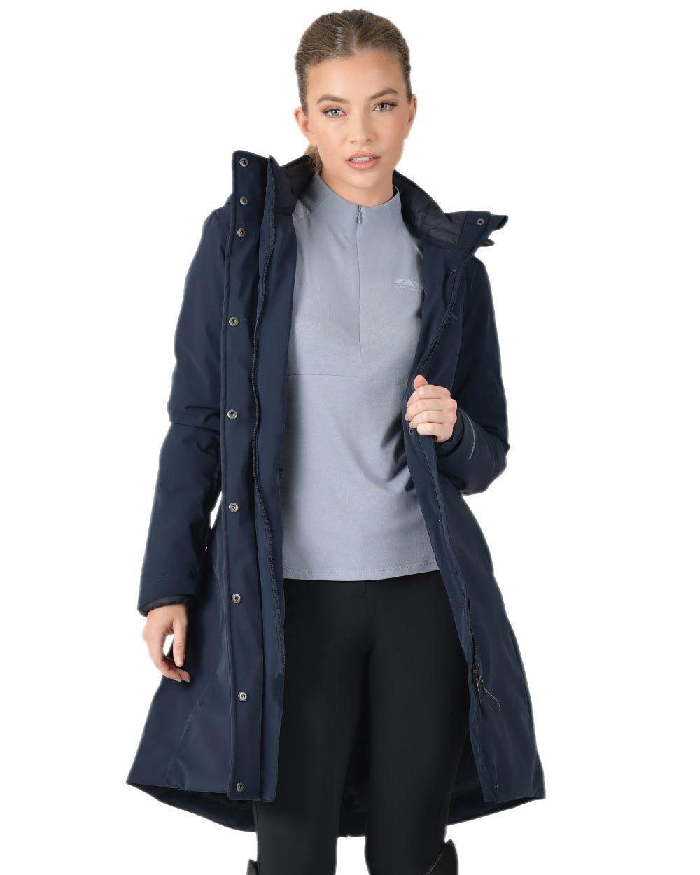 Navy Coloured WeatherBeeta Womens All Purpose Waterproof Longline Equestrian Jacket on white background 