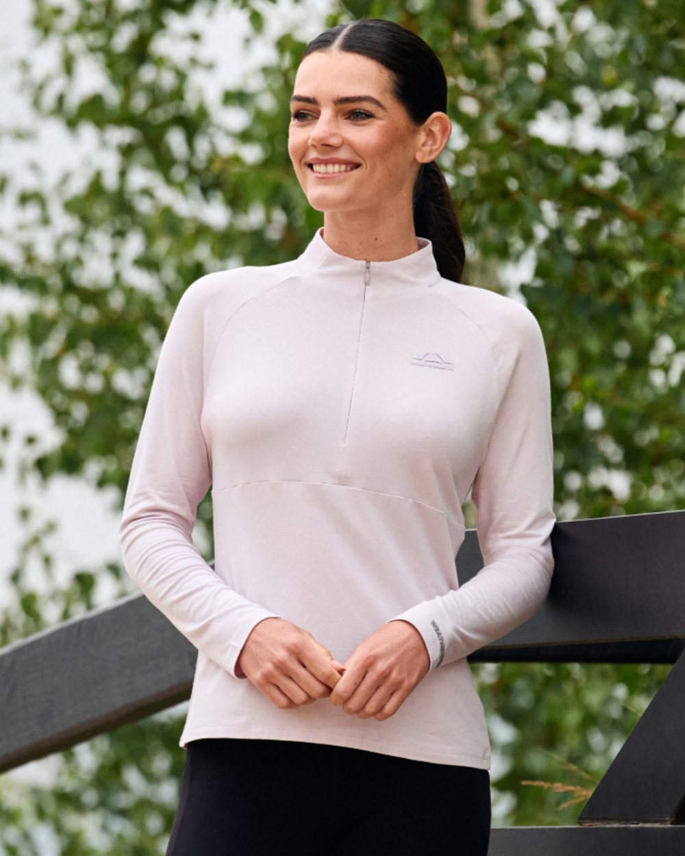 Lavender Mist coloured WeatherBeeta Womens Bamboo Long Sleeve Performance Base Layer on outdoor background 