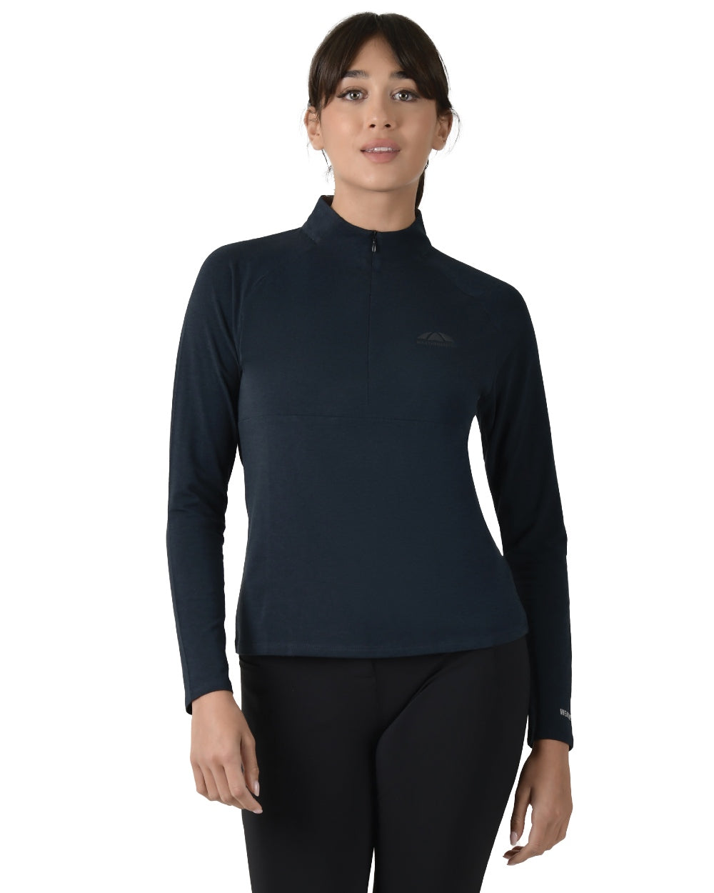 Navy coloured WeatherBeeta Womens Bamboo Long Sleeve Performance Base Layer on white background 