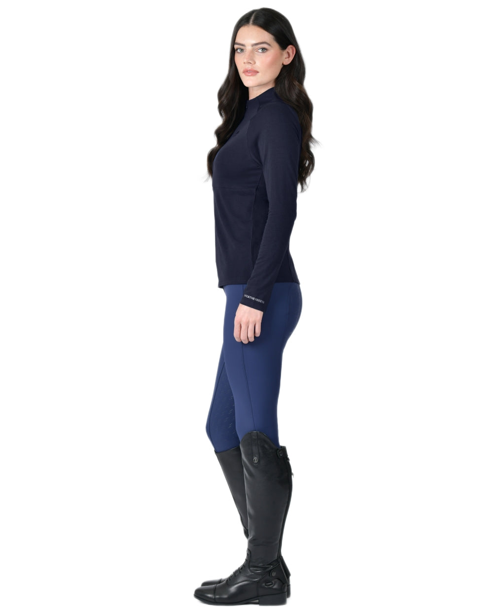 Navy coloured WeatherBeeta Womens Bamboo Long Sleeve Performance Base Layer on white background 
