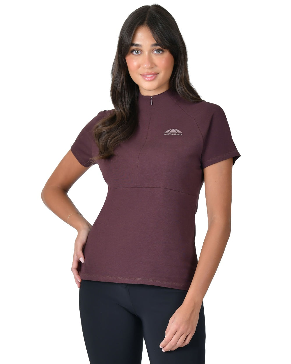 Mulberry coloured WeatherBeeta Womens Bamboo Short Sleeve Performance Base Layer on white background 