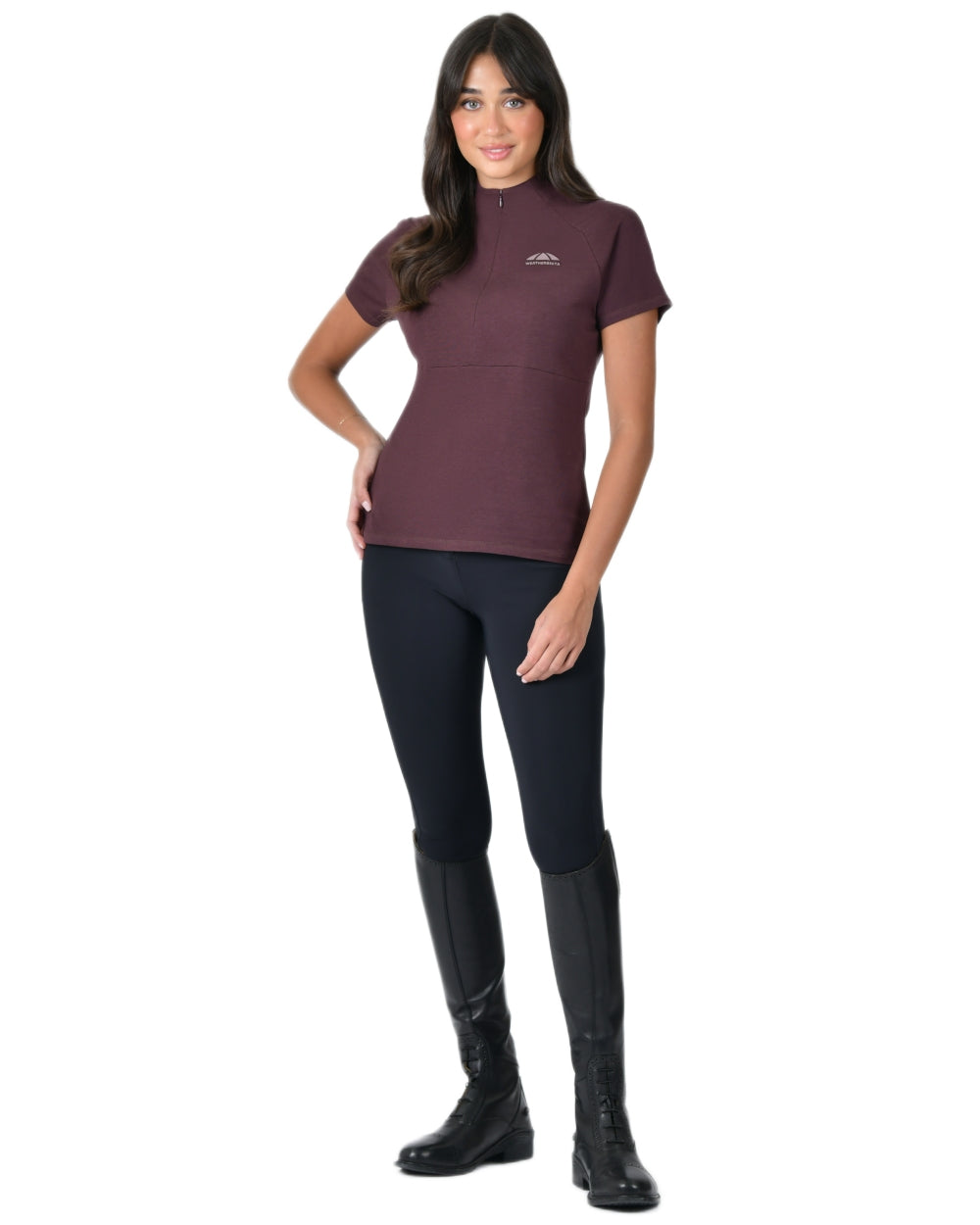 Mulberry coloured WeatherBeeta Womens Bamboo Short Sleeve Performance Base Layer on white background 